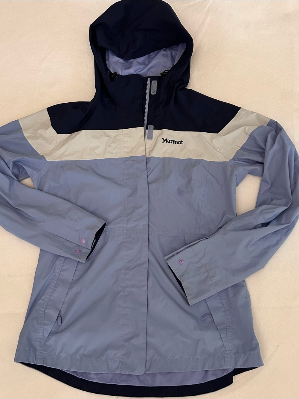Marmot Roam colorblock hooded rain jacket women’s small in blue